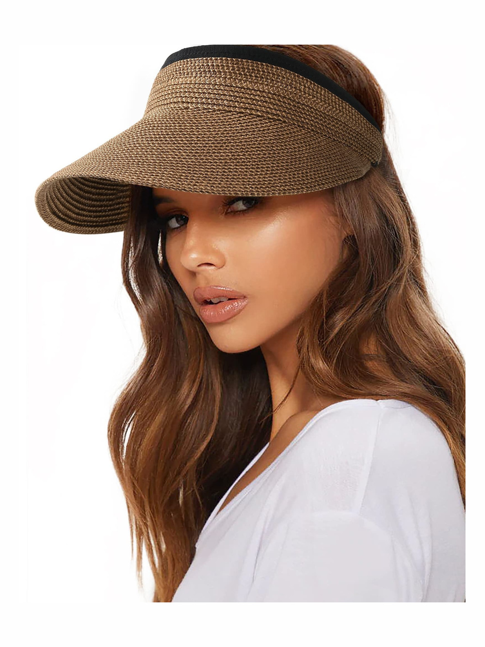 Womens Sun Visor Hat Straw Sun Visors for Women Summer | Brown | Size OS
